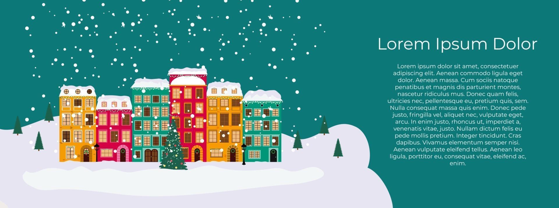 joyeux noël et bonne année carte avec petite ville vecteur