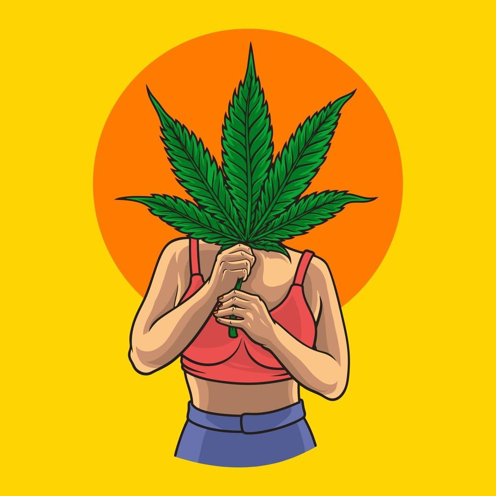 illustration, femme, tenue, feuille marijuana, prime, vecteur