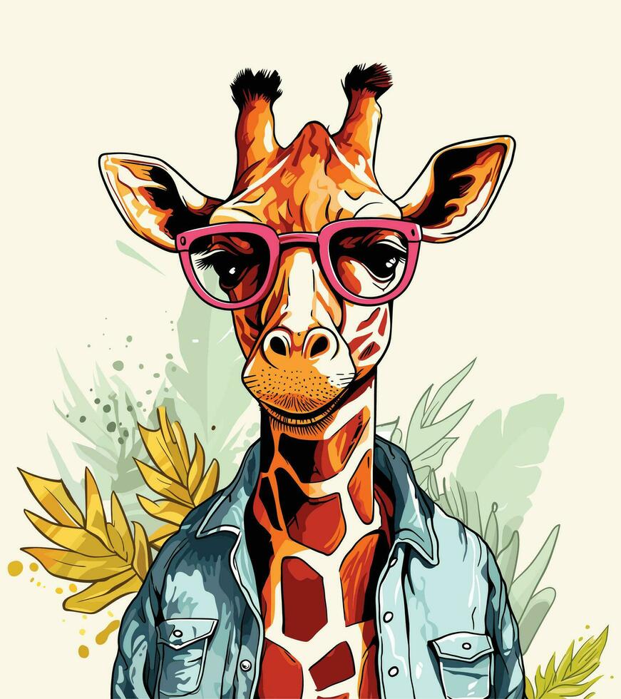 une girafe portant une bleu chemise et rose des lunettes rayonne curiosité et intellectuel charme. vecteur illustration