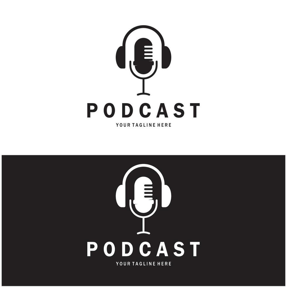 Podcast logo avec microphone et écouteur l'audio, radio vagues. pour studio, parler montrer, discuter, information partage, entretien, multimédia et la toile. vecteur