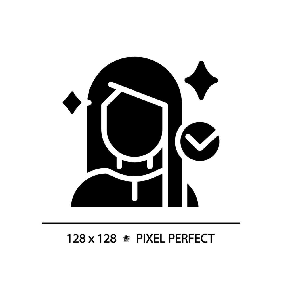 2d pixel parfait femme avec brillant coiffure glyphe style icône, isolé vecteur, soin des cheveux Facile noir silhouette illustration. vecteur
