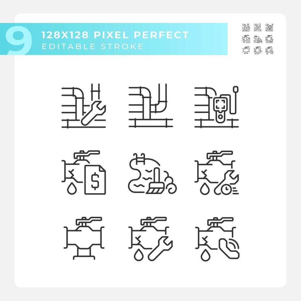 2d pixel parfait noir Icônes ensemble représentant plomberie, modifiable mince ligne illustration. vecteur