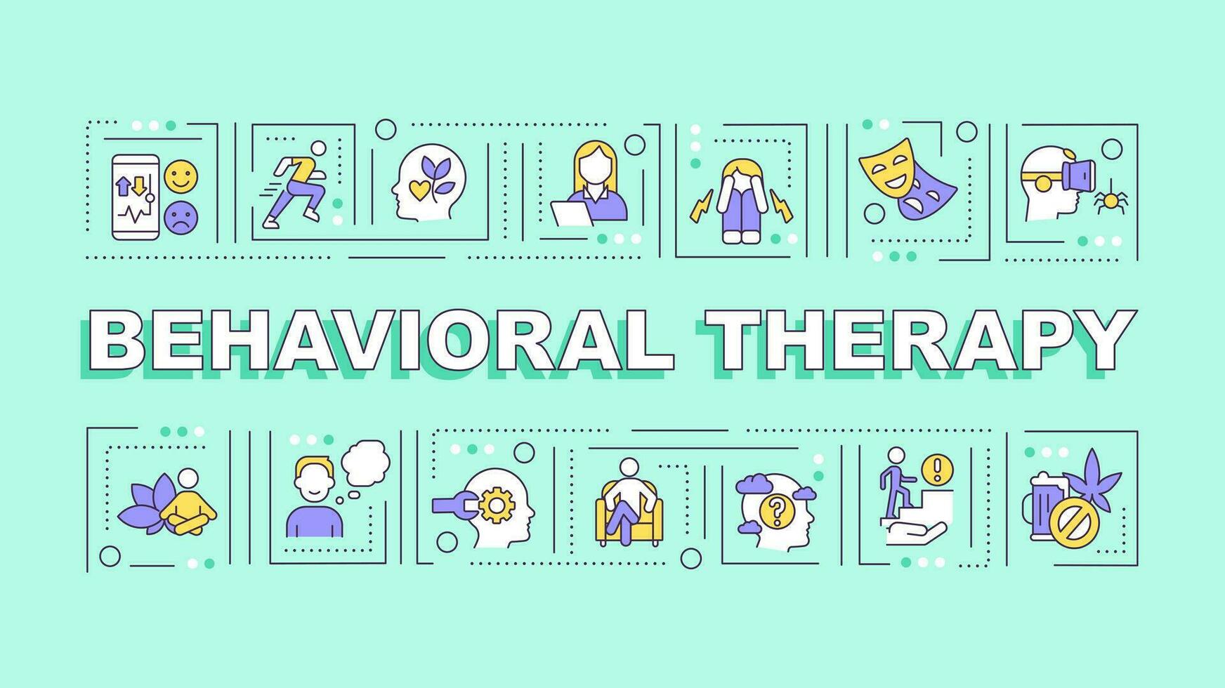 comportemental thérapie texte avec divers mince linéaire Icônes concept sur vert monochromatique arrière-plan, modifiable 2d vecteur illustration.