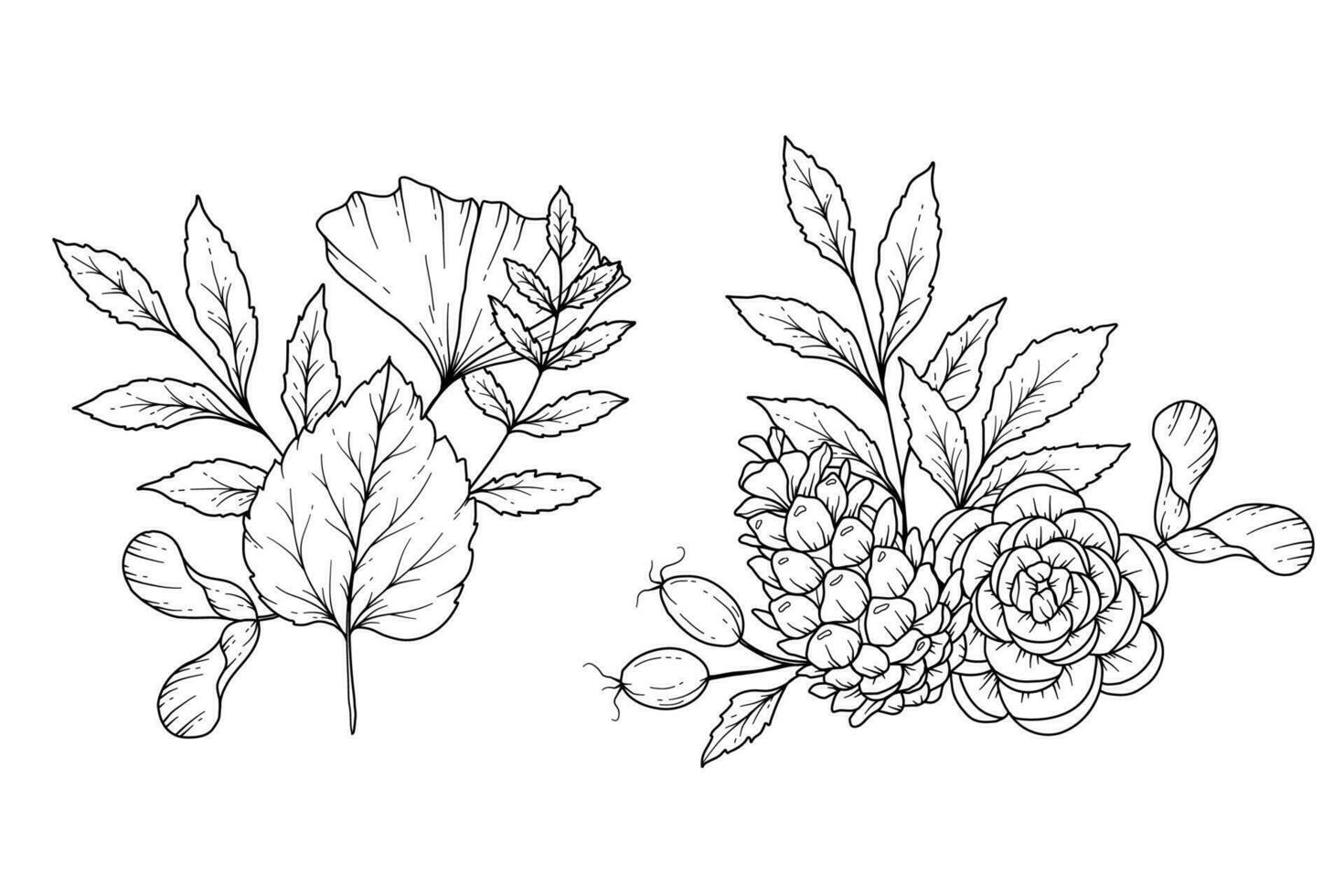 tomber floral arrangement contour. tomber feuillage ligne art illustration, contour feuilles arrangement main tiré illustration. tomber coloration page avec feuilles. action de grâces arrangement. action de grâces graphique vecteur