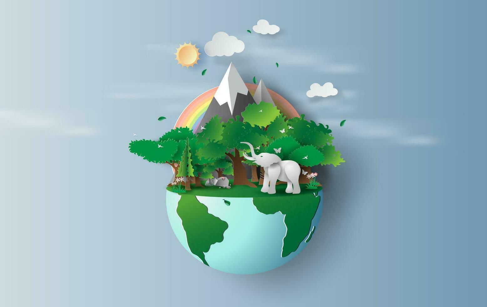 illustration de l'éléphant dans vert des arbres forêt, créatif origami conception monde environnement et Terre journée concept idée.paysage faune dans vert la nature plante par arc en ciel pastel.papier couper, craft.vecteur vecteur