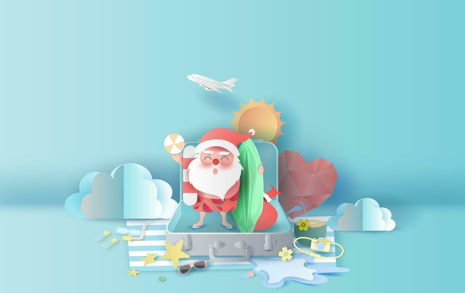 été Noël saison avec valise concept.santa claus sourire portant plage costume Voyage nager décoration.vacances et vacances pour équipement en jouant relax.graphique papier Couper et artisanat style.vecteur vecteur