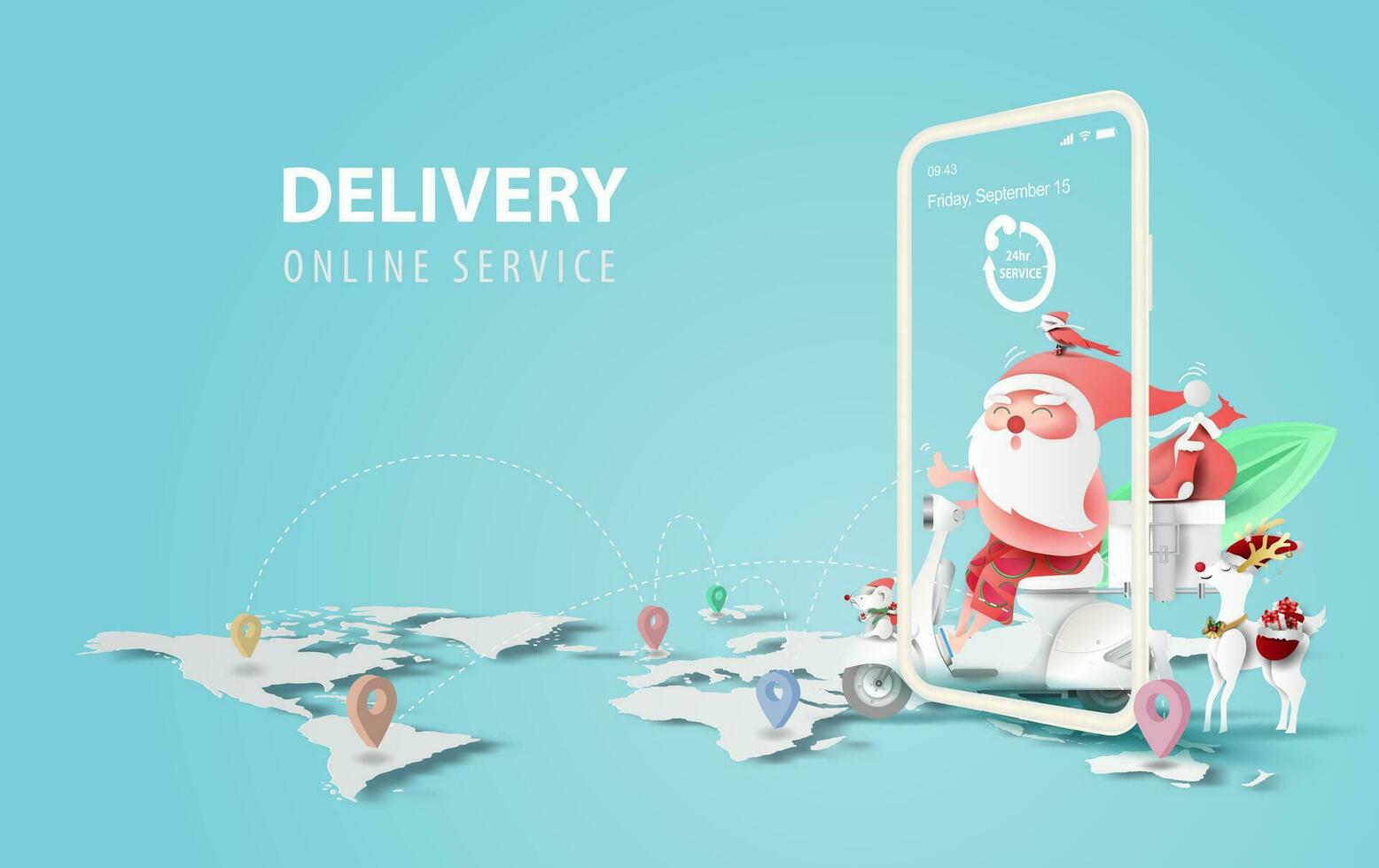 illustration de téléphone intelligent avec en ligne livraison un service application concept.été Noël saison.papier Couper et artisanat sur bleu arrière-plan.graphique Père Noël claus équitation une moto transport cadeau vecteur