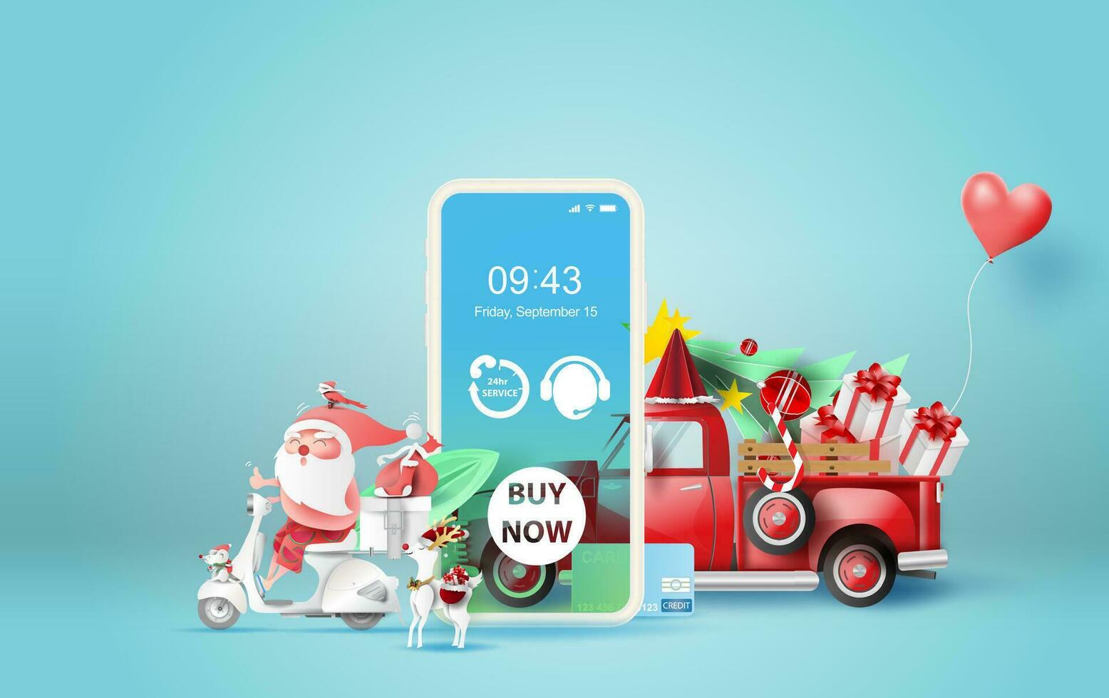 illustration de téléphone intelligent avec en ligne livraison un service application concept.été Noël saison.papier Couper et artisanat.graphique Père Noël claus équitation une moto et voiture un camion transport cadeau vecteur