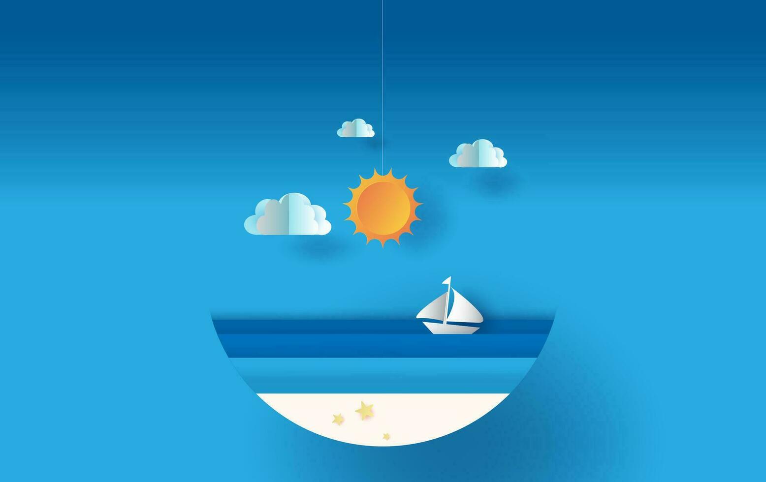 cercle papier art et artisanat de illustration été mer vue avec coucher de soleil, été temps saison concept, bateau flottant dans le mer sur bleu ciel.graphique conception bord de mer paysage ,papier Couper style numérique idée vecteur