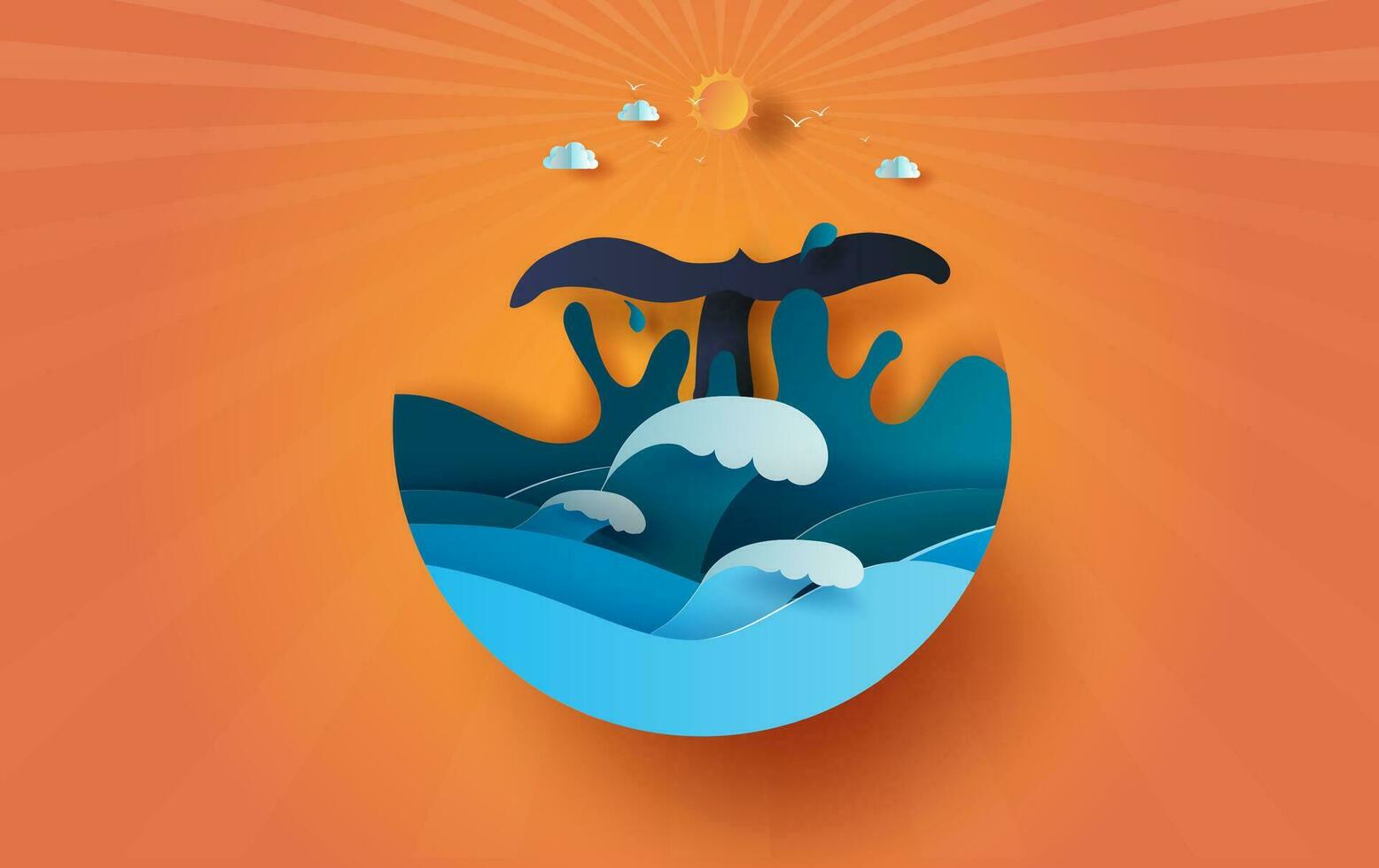 queue baleine sur mer vue lumière du soleil le coucher du soleil ciel avec cercle concept, été temps saison, océan vague sur bleu ciel.graphique conception bord de mer paysage, papier artisanat et Couper style. minimal illustration vecteur