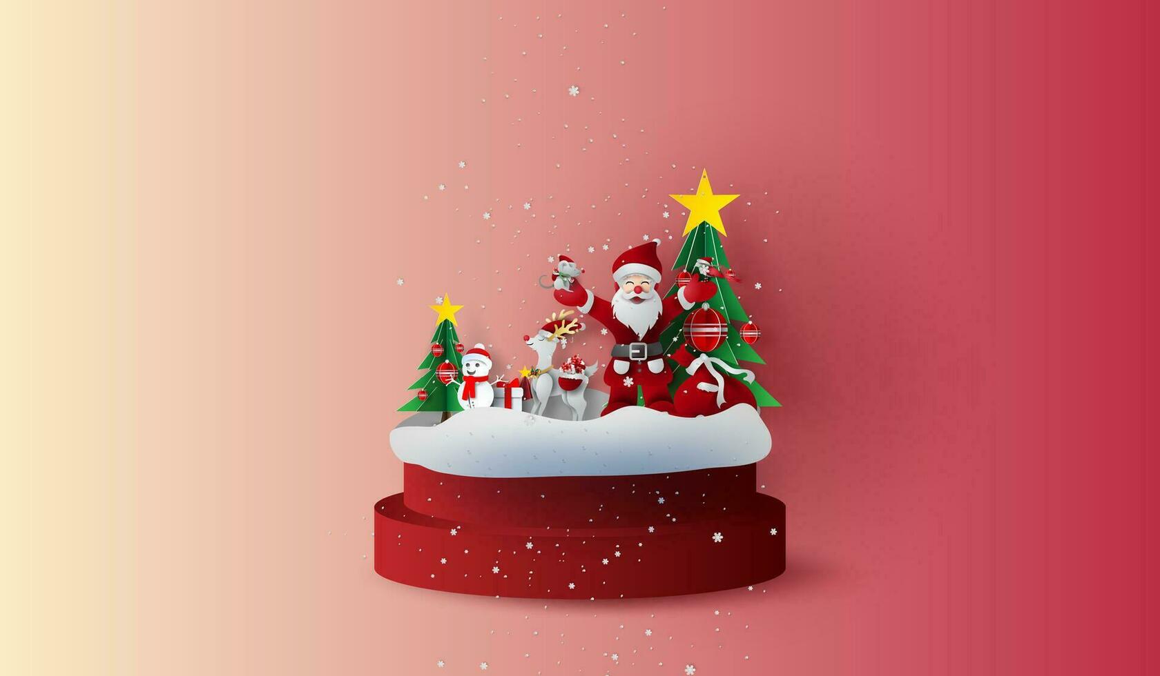 rond rouge étape podium avec paysage Noël des arbres dans forêt.heureux Nouveau année et joyeux Noël jour.papier art et artisanat. Père Noël claus et cadeau décoration pour vacances et hiver saison. neige supporter vecteur