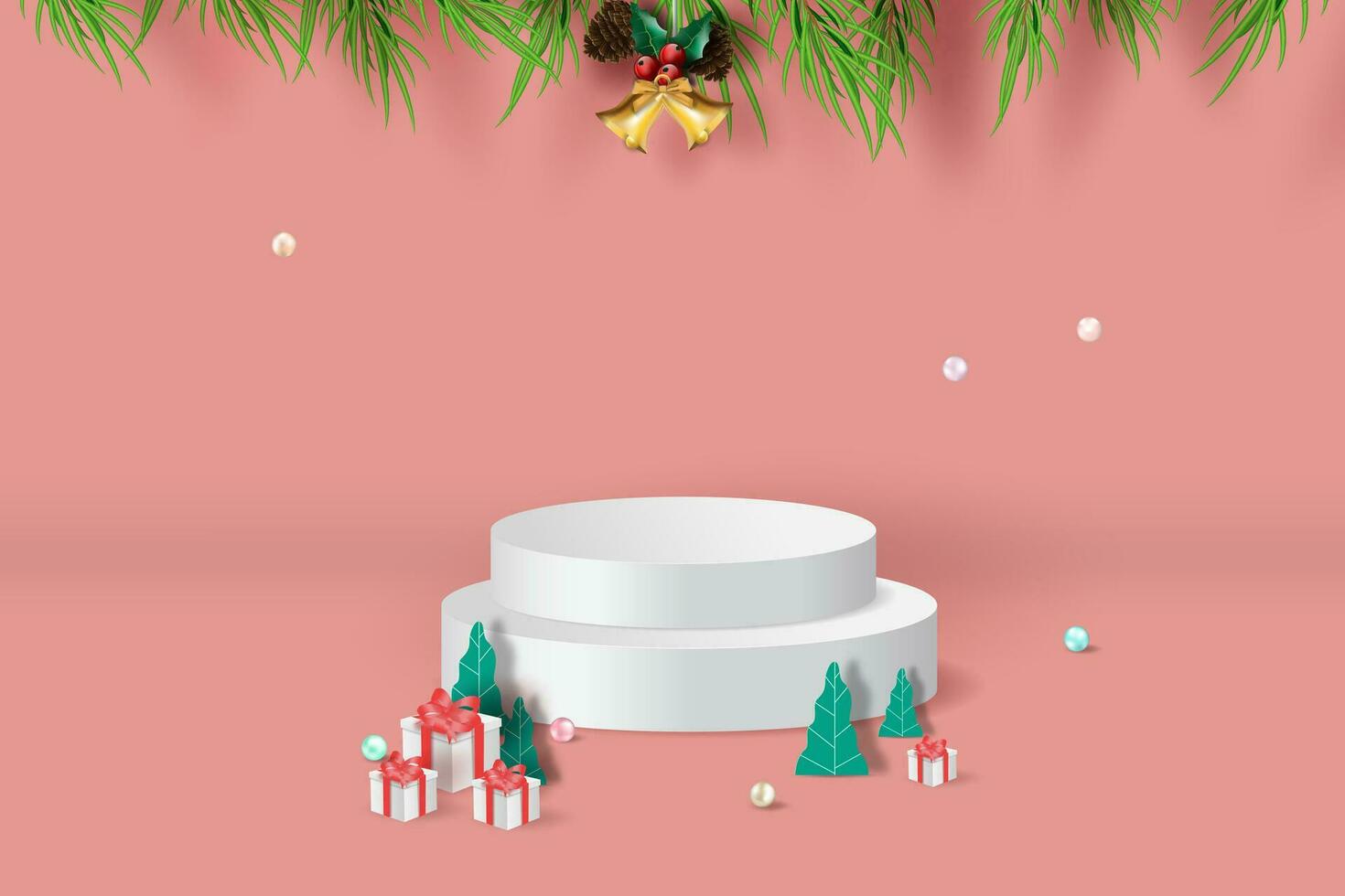 podium produit supporter pour Noël pour célébrer suivant année papier art. maquette Noël et Nouveau année étape podium scène avec Vide espace Contexte. Noël bannière studio chambre. papier Couper et artisanat style vecteur