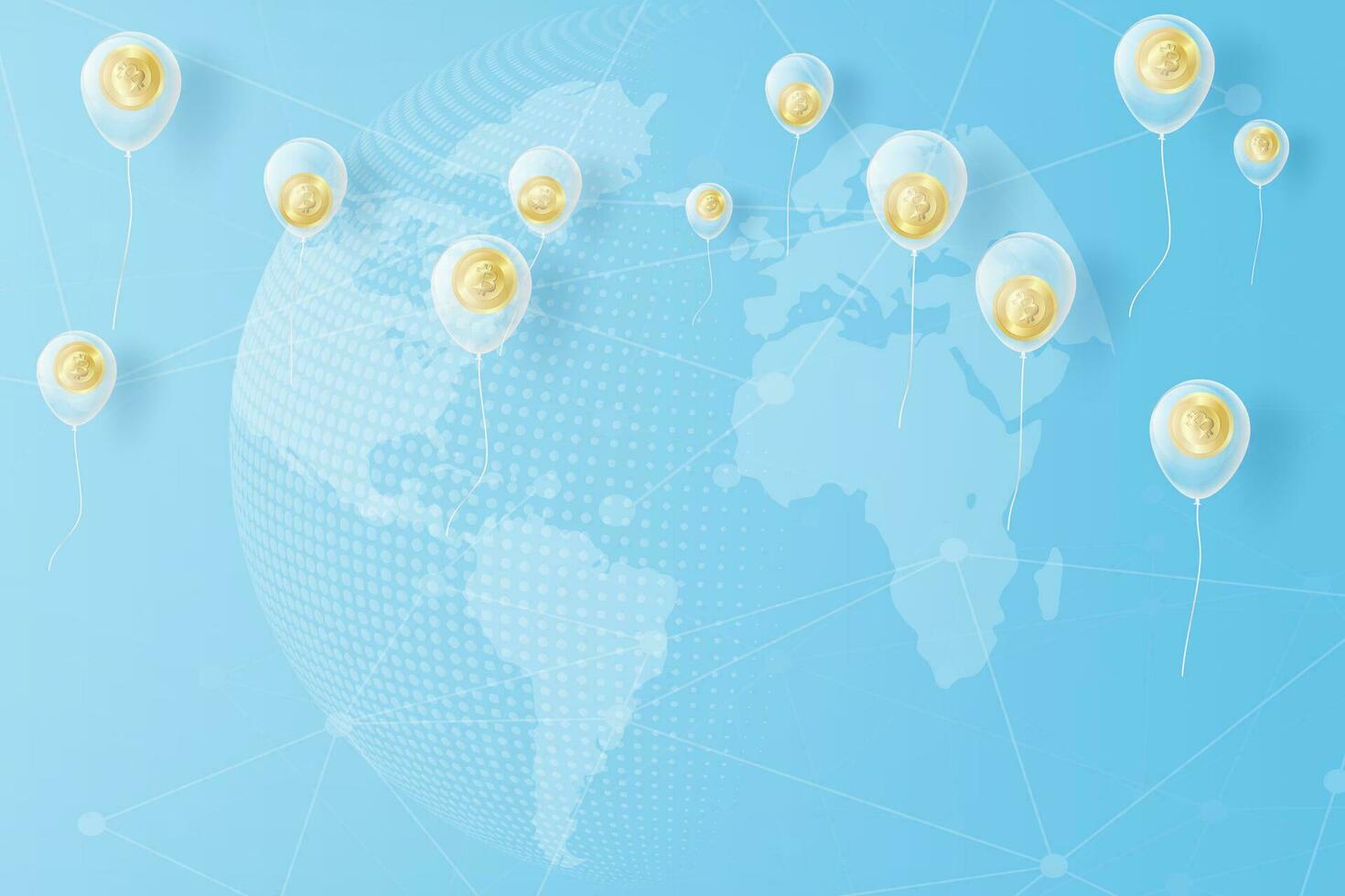 bitcoin pièce de monnaie signe pendaison avec d'or Jaune ballon, concept et papier art idée. bitcoin papier artisanat flotte avec des ballons sur bleu mondes carte arrière-plan, crypto-monnaie concept bannière la toile, illustration vecteur