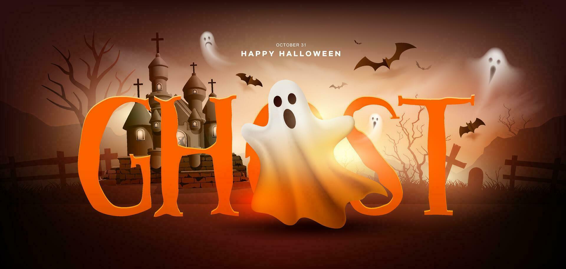 content Halloween fantôme, château, arbre, chauve souris en volant, bannière conception sur foncé Orange et marron arrière-plan, eps dix vecteur illustration