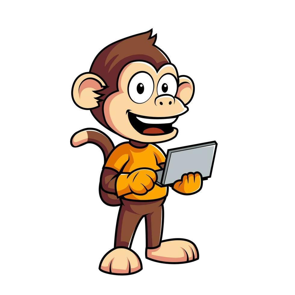 mignonne singe travail sur portable dessin animé vecteur Icônes illustration