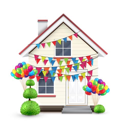 Maison réaliste avec des drapeaux colorés et des ballons, vector