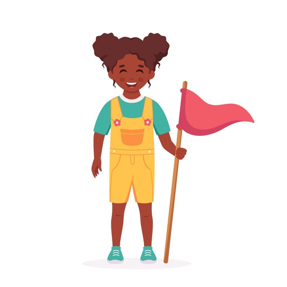 fille noire avec drapeau de camp. éclaireuse. camping, camp d'été pour enfants vecteur