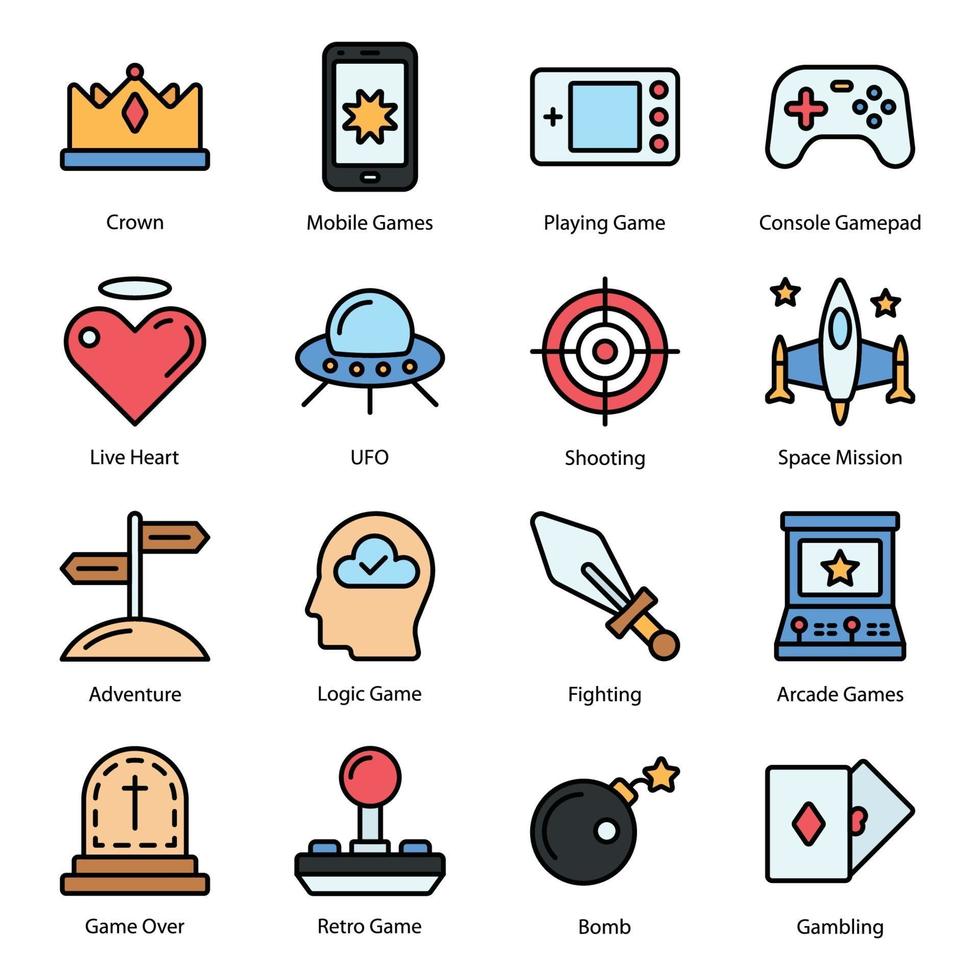 icônes de ligne colorée de jeu vecteur