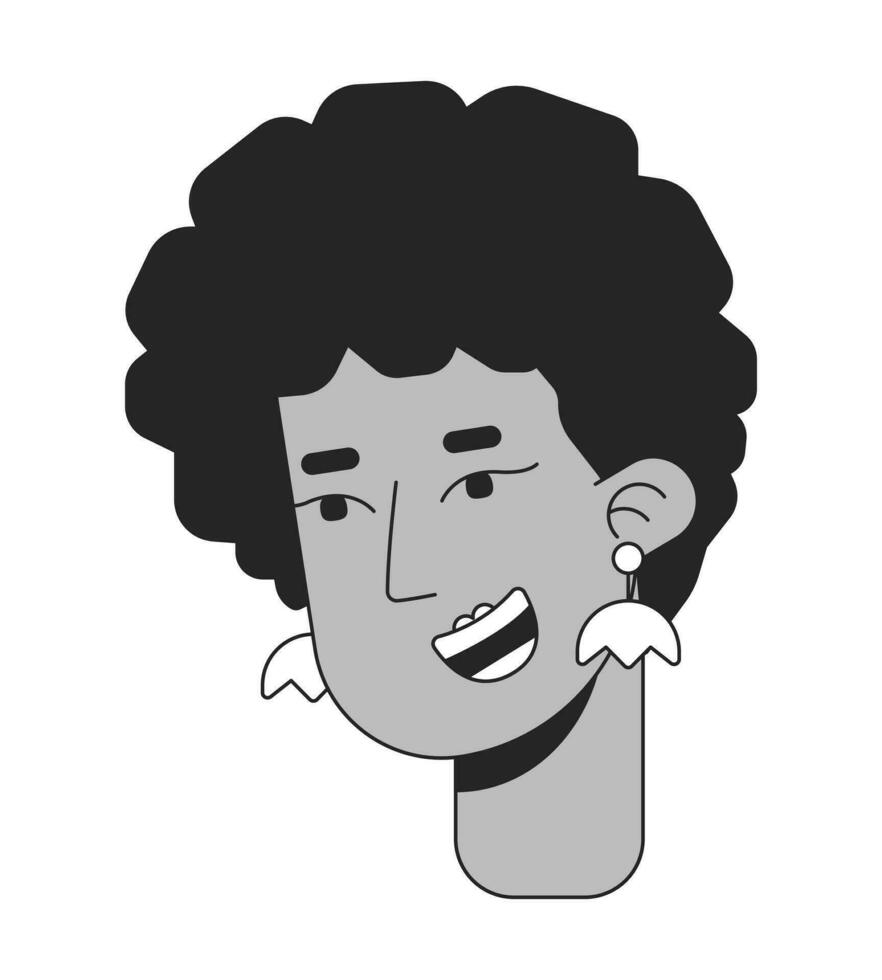 inspiré rétro afro cheveux femme noir et blanc 2d ligne dessin animé personnage diriger. africain américain Dame ethnique des boucles d'oreilles isolé vecteur contour la personne affronter. joyeux monochromatique plat place illustration