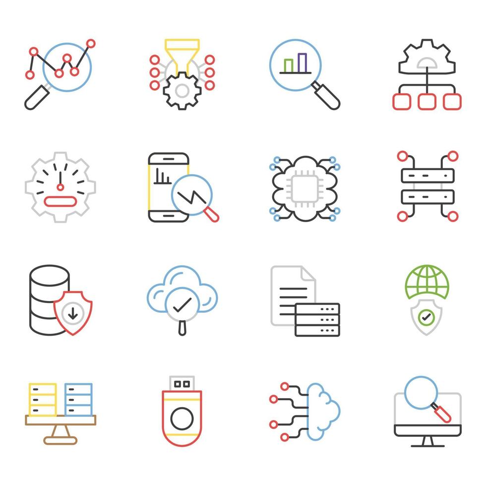 icônes de ligne colorée big data et science vecteur