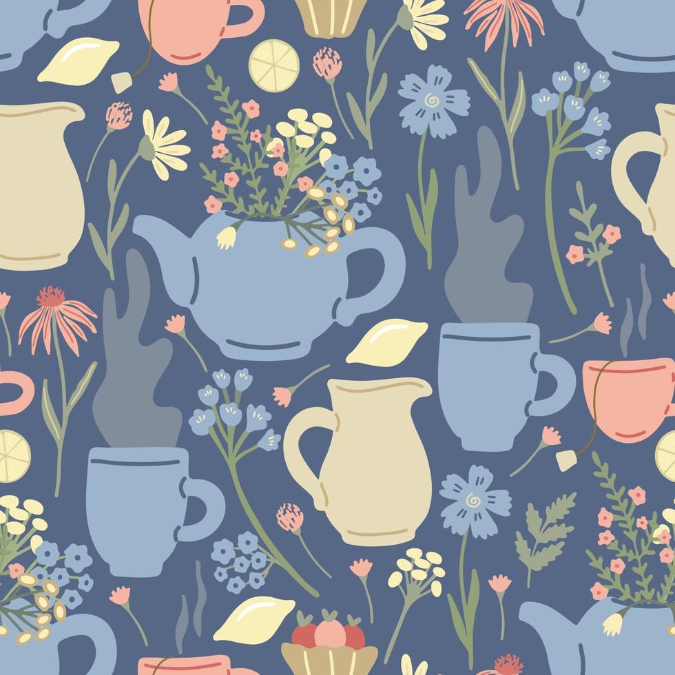 modèle sans couture de tisane avec des théières, des fleurs sauvages, des tasses sur bleu vecteur