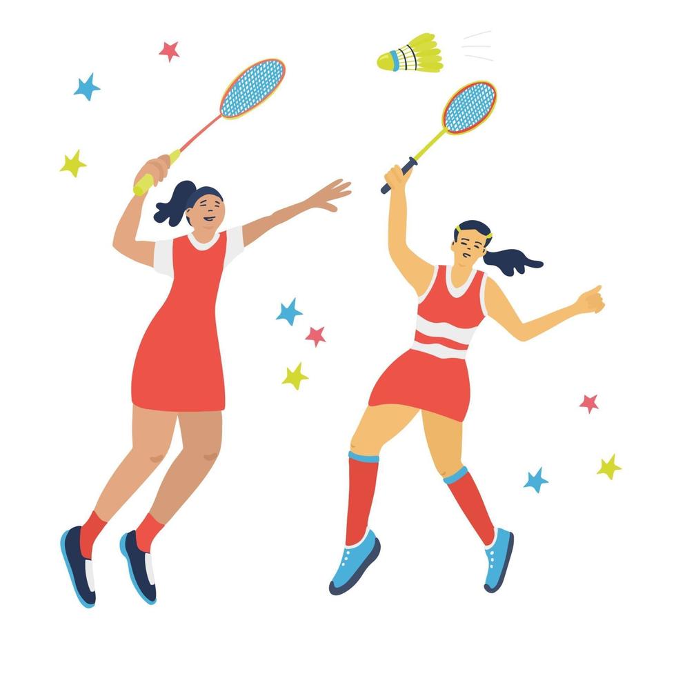 jeu de badminton en double. sauter les femmes avec des raquettes vecteur