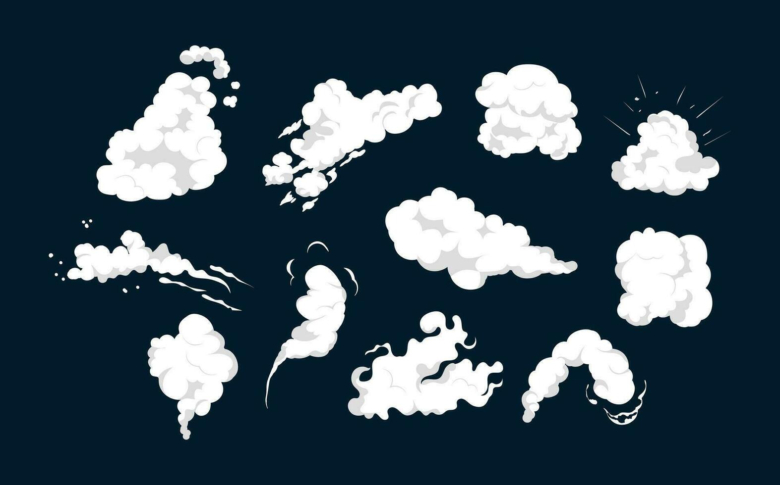 fumée explosion animation de un explosion avec bande dessinée en volant des nuages. ensemble de isolé vecteur des illustrations à créer un explosion effet. le effet de fumée mouvement, scintillait et dynamique boom.