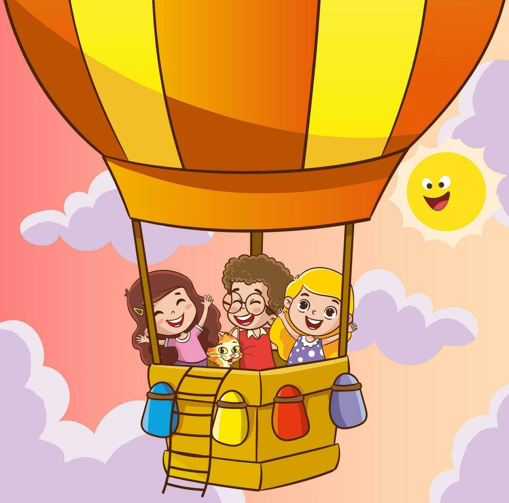 vecteur illustration de des gamins en volant avec air ballon