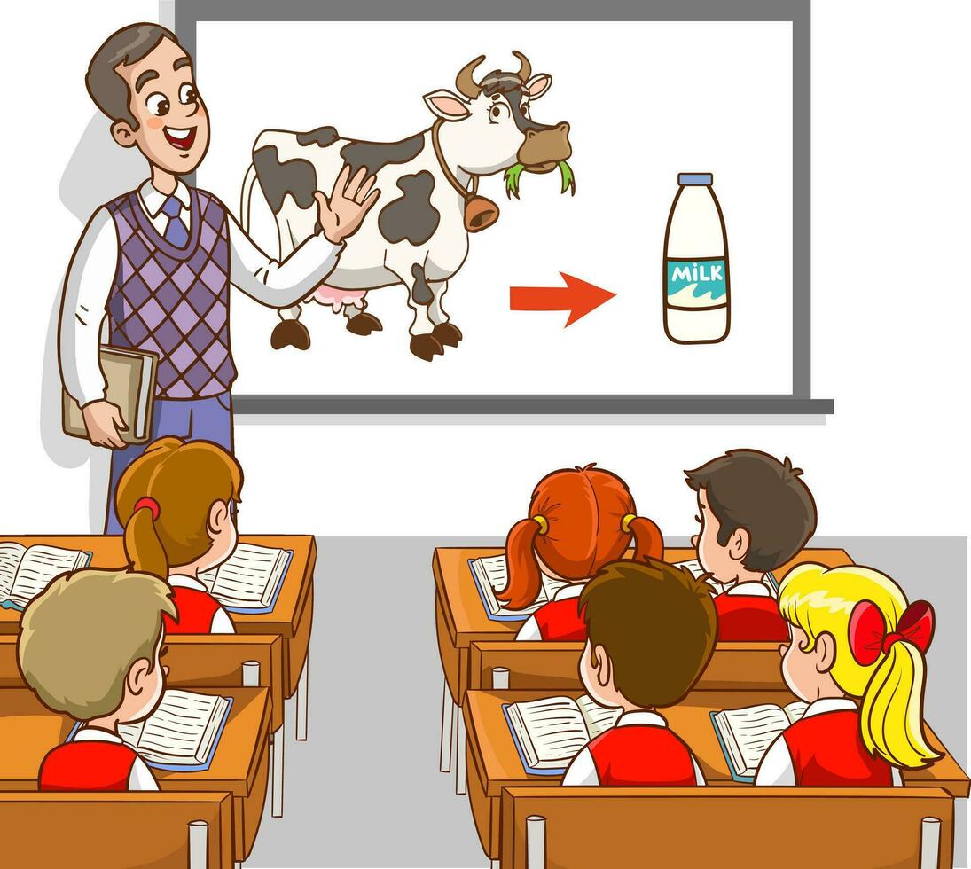vecteur illustration de prof et élèves enseignement formation.en classe de Lait de vache