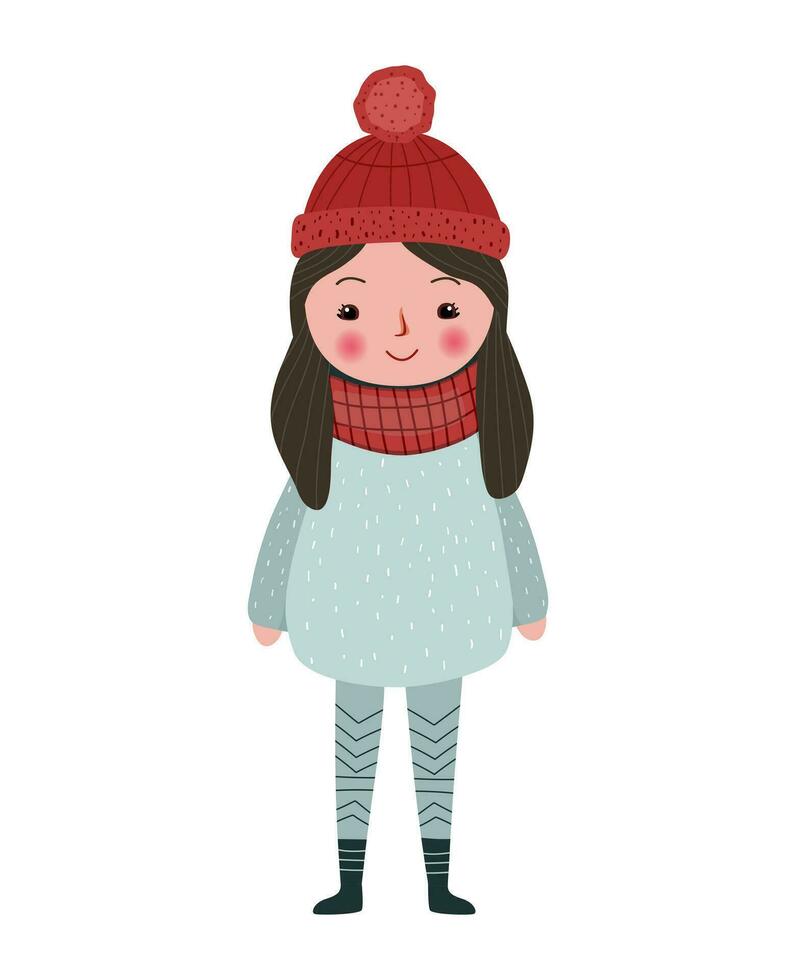 vecor fille dans Fée conte scandinave style. mignonne fille dans hiver vêtements. vecteur