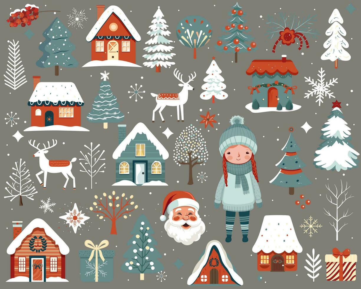 ensemble de scandi Noël éléments. main tiré Noël illustration, mignonne Maisons, des arbres, cerf, fille, Père Noël claus. vecteur