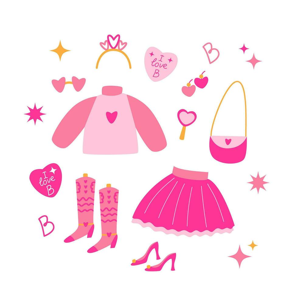 rose poupées ensemble accessoires et vêtements. bébé fille, princesse. mignonne rose Icônes collection - chaussures, robe, sac, miroir. vecteur vecteur illustration.