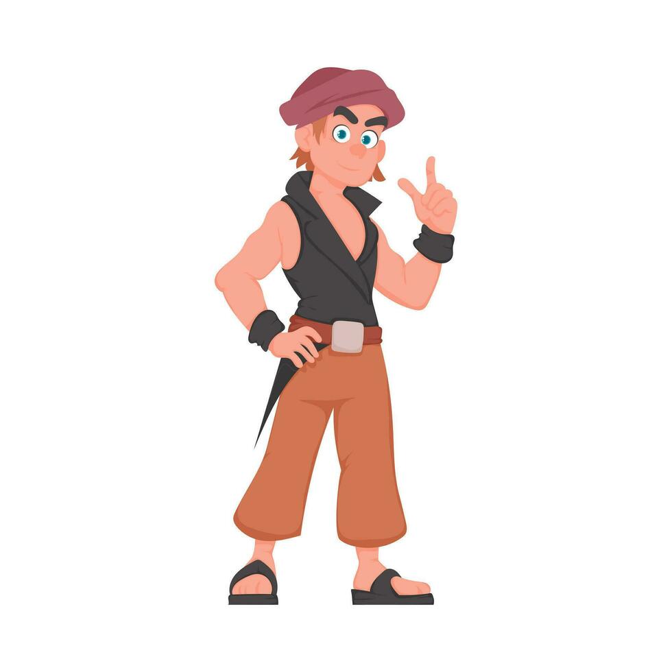 marrant et strict homme pirate. gars dans une pirate costume. dessin animé style vecteur