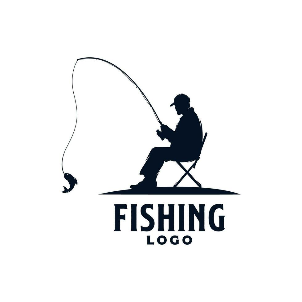 pêcheur séance sur chaise en portant pêche barre silhouette logo vecteur