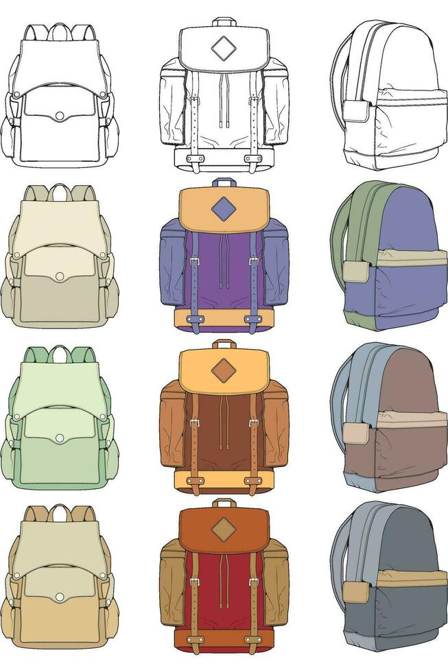 main tiré coloré vecteur ensemble de sacs à dos. dessin animé décontractée sac à dos, cool sac à dos coloré. sacs à dos vecteur illustration.