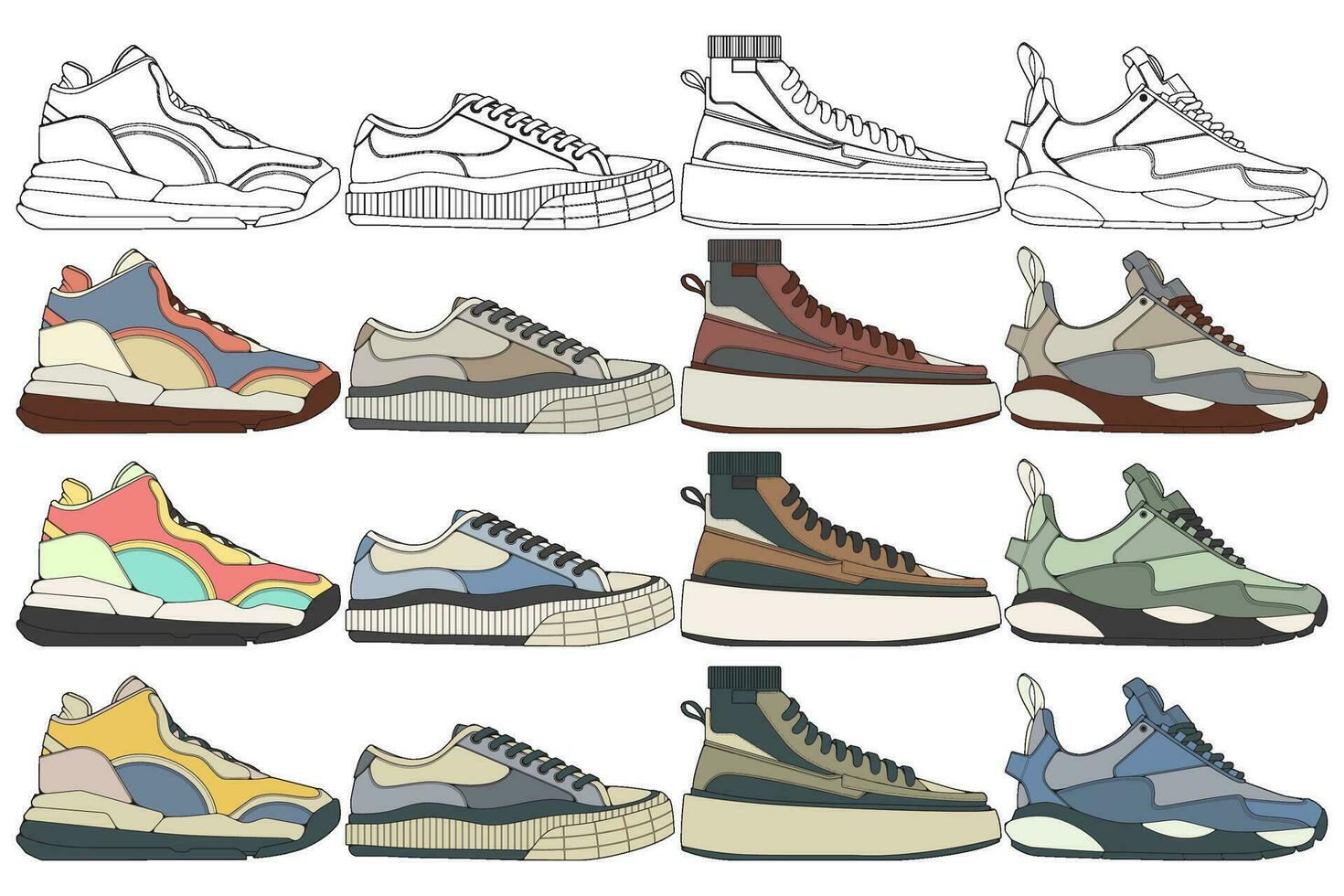 ensemble de baskets illustration dans coloré dessins, baskets vecteur ligne art isolé, groupage chaussure illustration modèle.