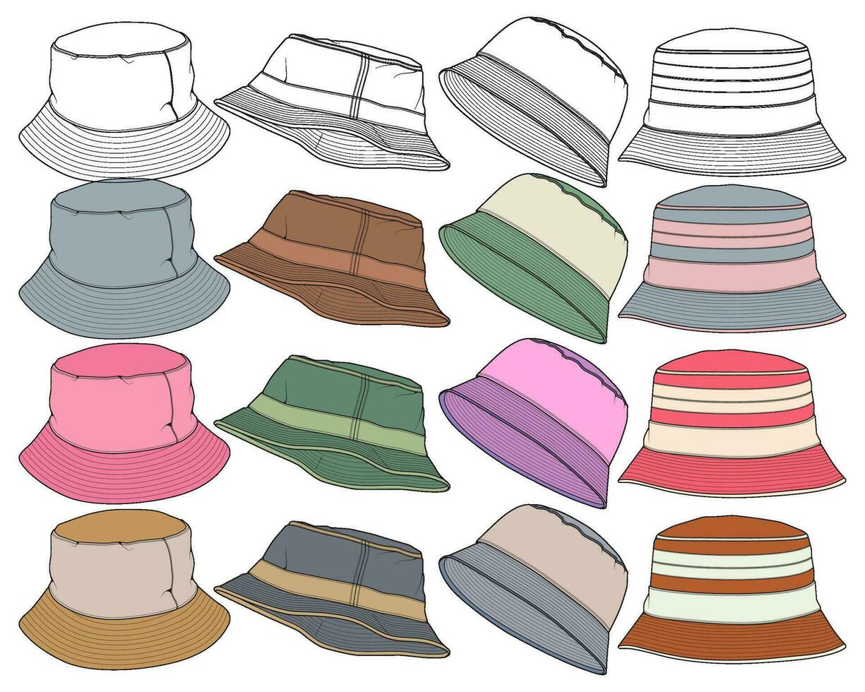 ensemble de Couleur plein seau chapeau dessin vecteur, Couleur plein seau chapeau dans une esquisser style, modèle Couleur plein pour entraînement, vecteur illustration.