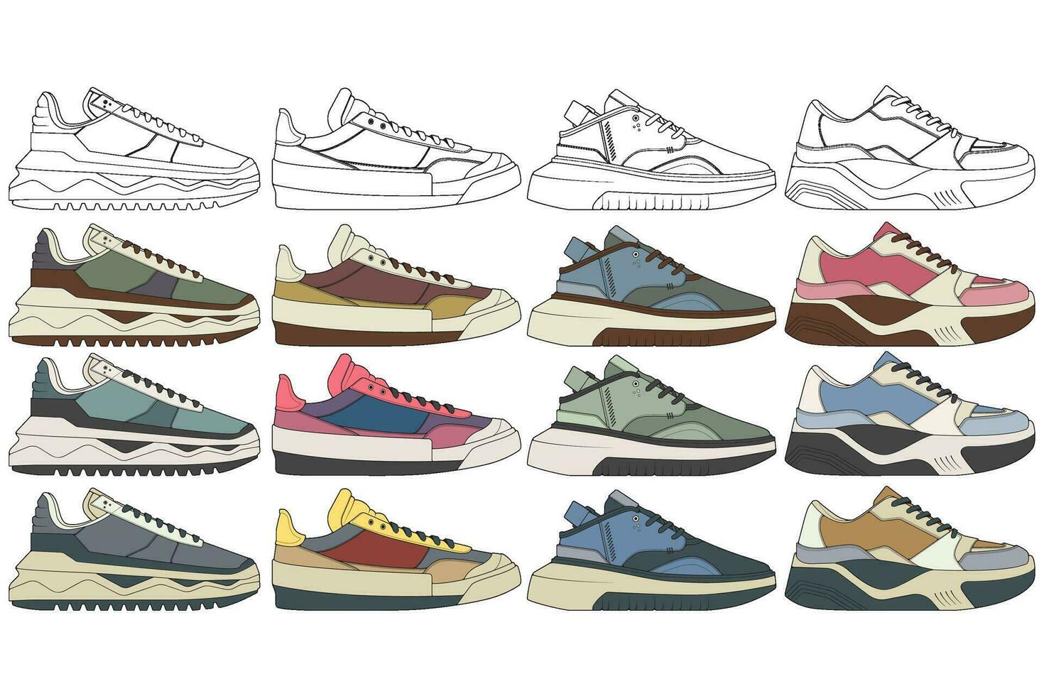 ensemble de baskets illustration dans coloré dessins, baskets vecteur ligne art isolé, groupage chaussure illustration modèle.