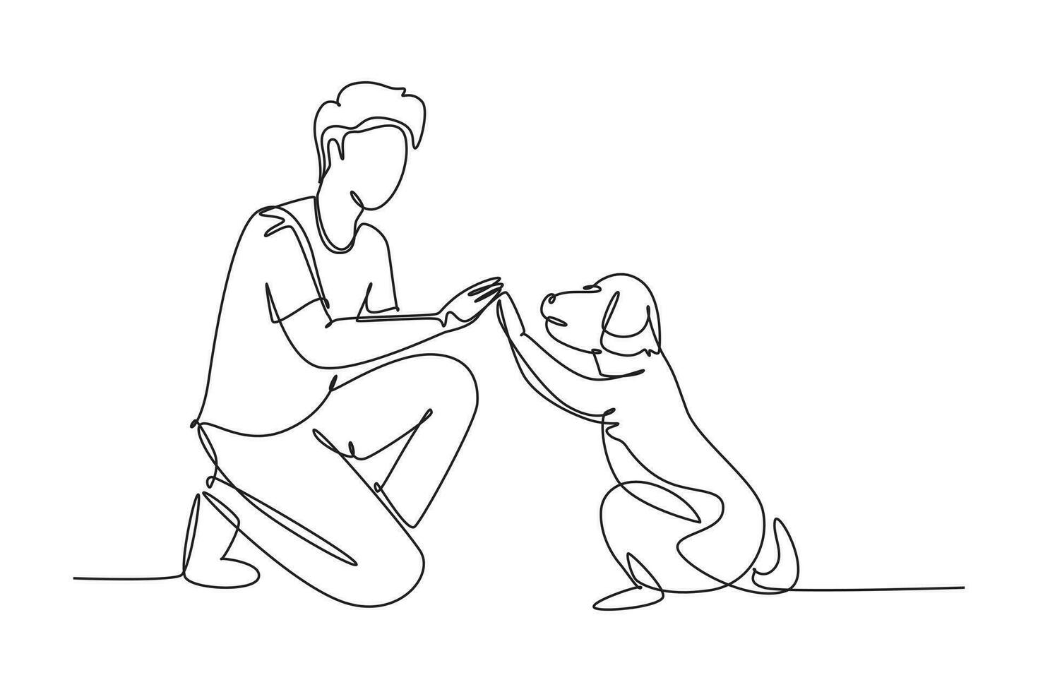 Célibataire un ligne dessin de Jeune content garçon donnant haute cinq geste à le sien chiot chien à champ extérieur parc. animal de compagnie se soucier et relation amicale concept. moderne continu ligne dessiner conception graphique vecteur illustration