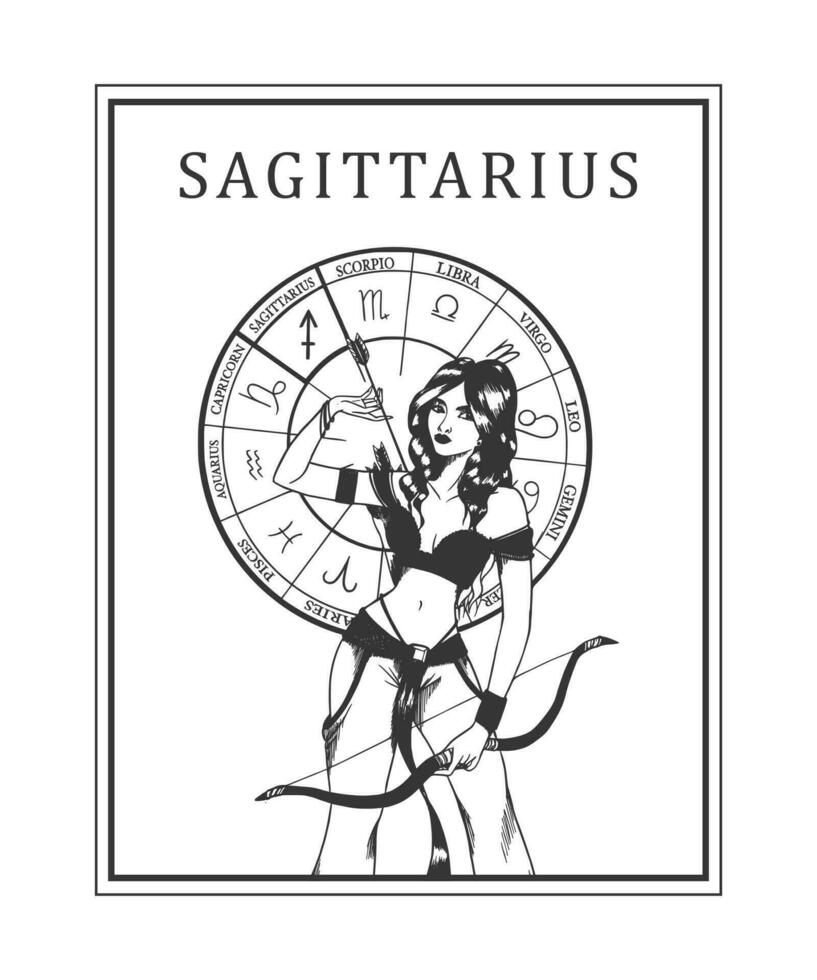 illustration de monochrome carte avec astrologique signe et romantique beauté femme. zodiaque symbole art. vecteur