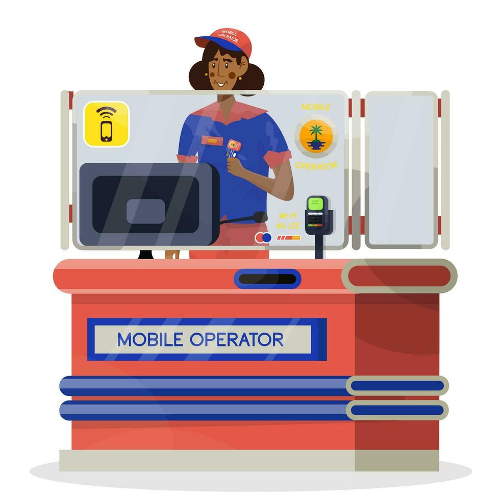 vecteur dessin animé illustration de femme qui est vendeur de sim cartes et tarif pour mobile Téléphone (s.