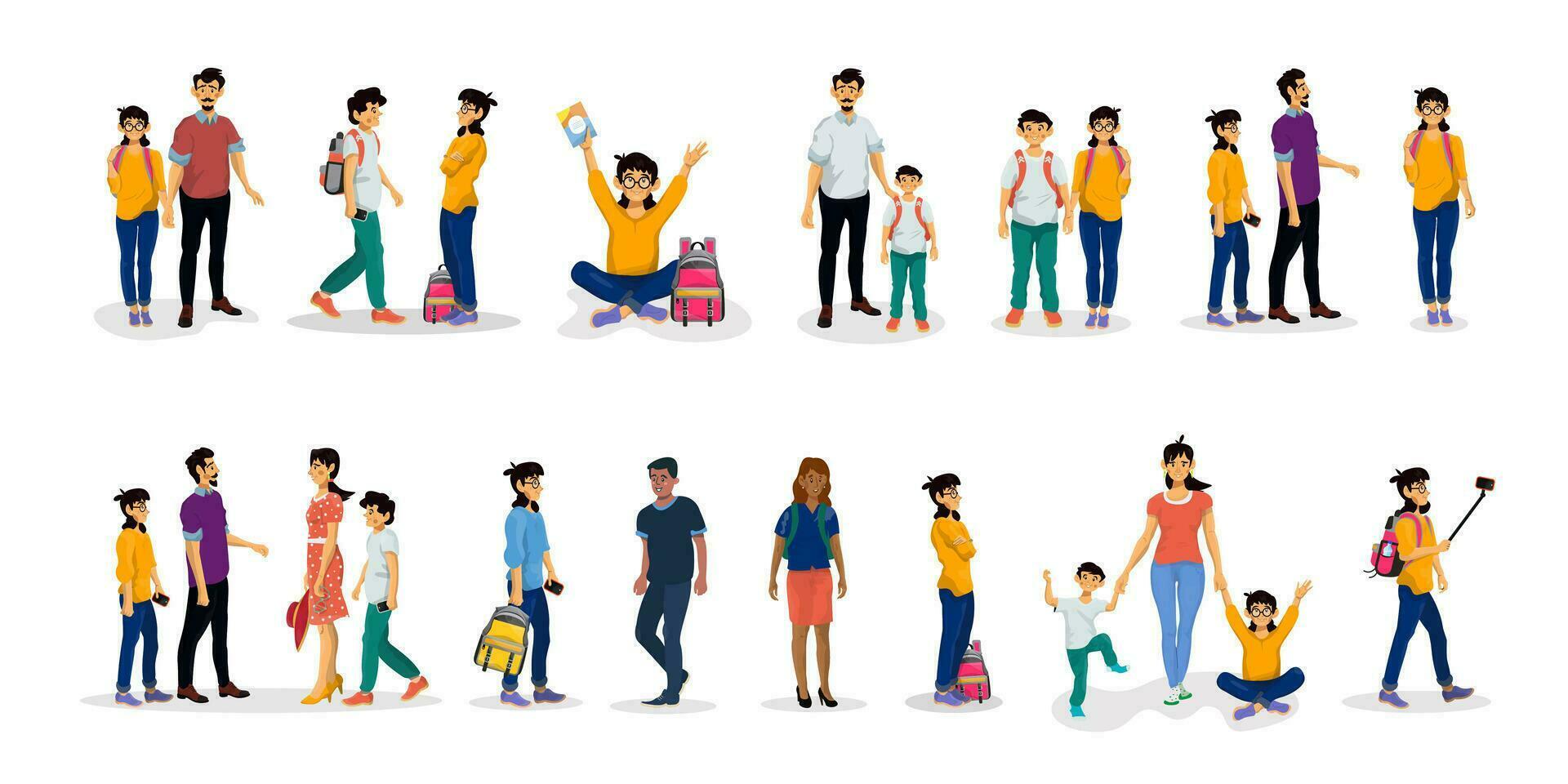 collection de gens et personnages. situations content famille. école les enfants. Parents et les enfants. vecteur