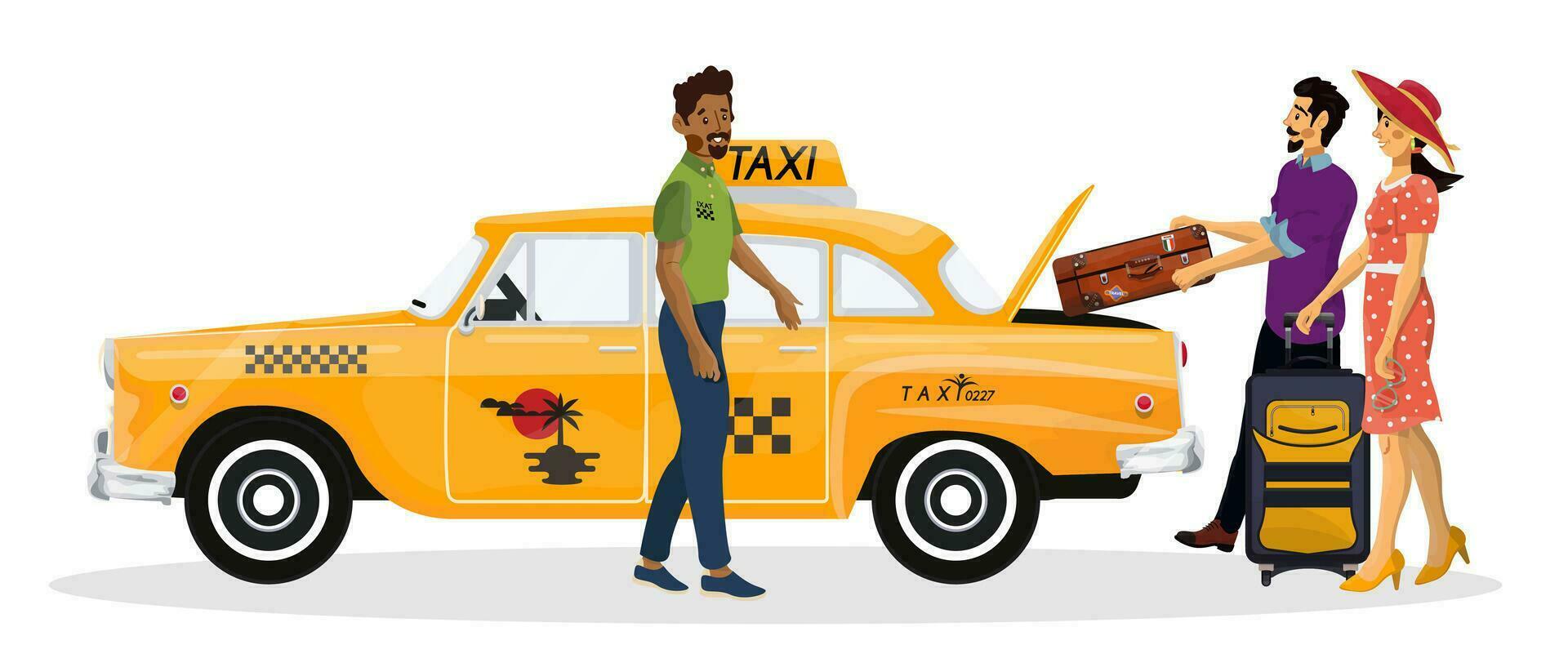 vecteur illustration de content famille aller sur une rétro Taxi sur vacances. noir Taxi chauffeur aide une famille