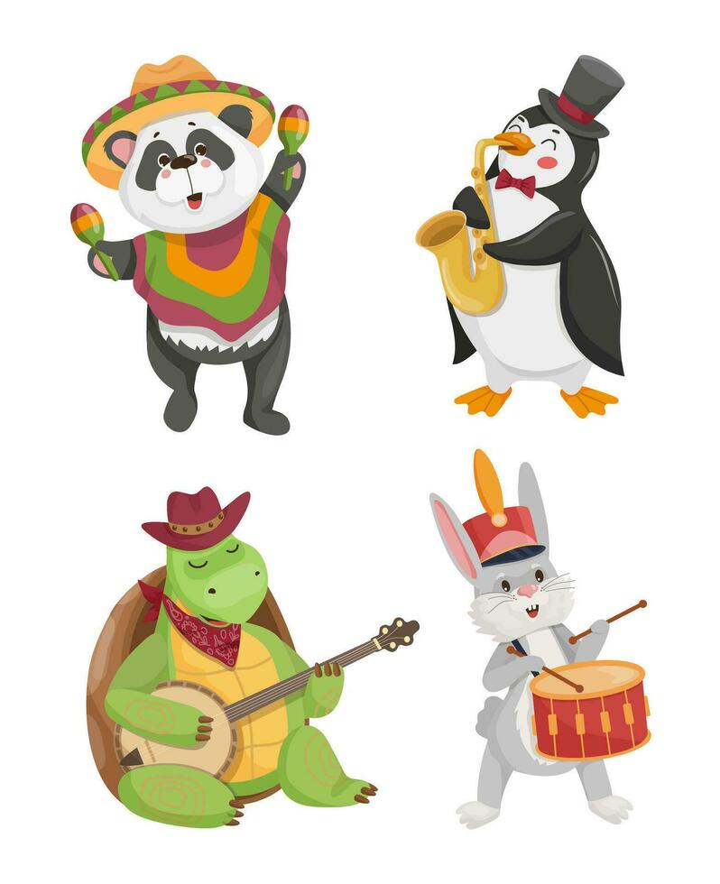 illustration de une Panda, une manchot, une tortue, une lièvre, cette jouer musical instruments vecteur