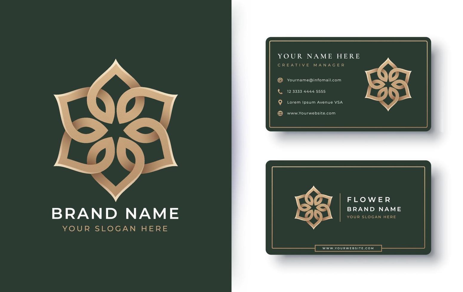 logo mandala fleur d'or avec carte de visite vecteur