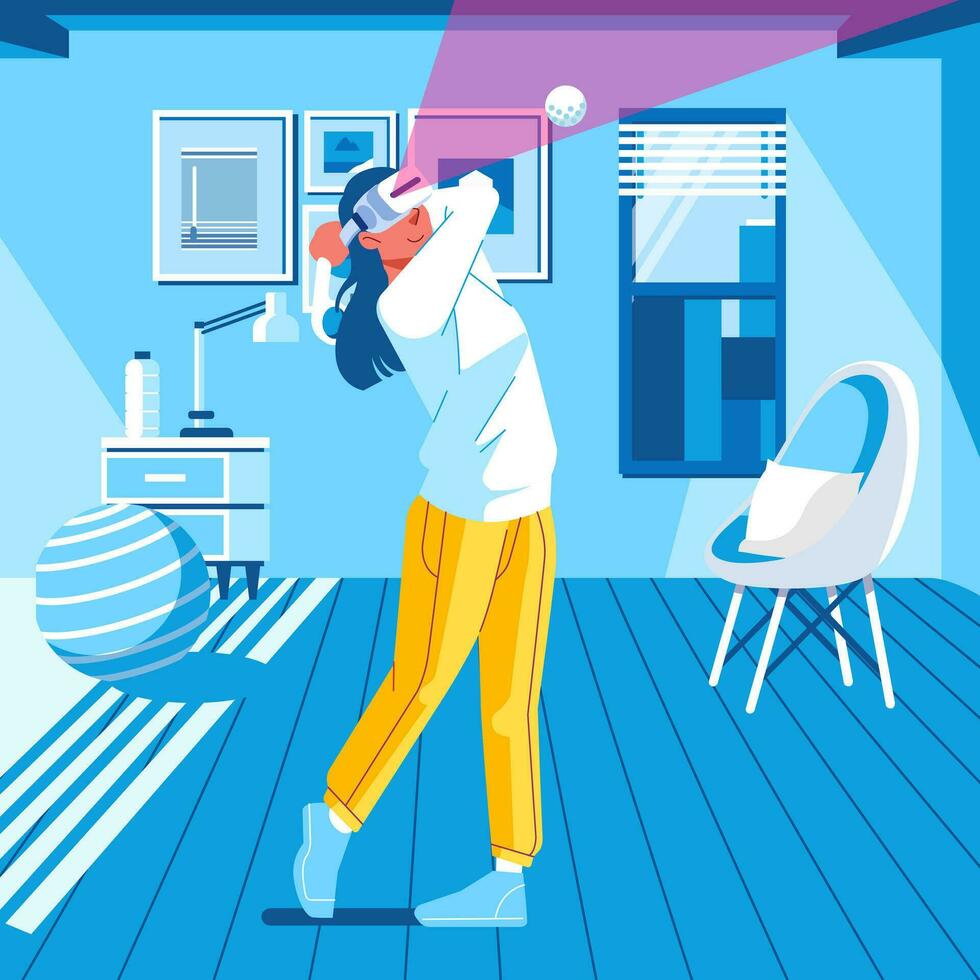 virtuel réalité La technologie faire des exercices et aptitude concept vecteur illustration femme dans vr casque jouer le golf à vivant pièce