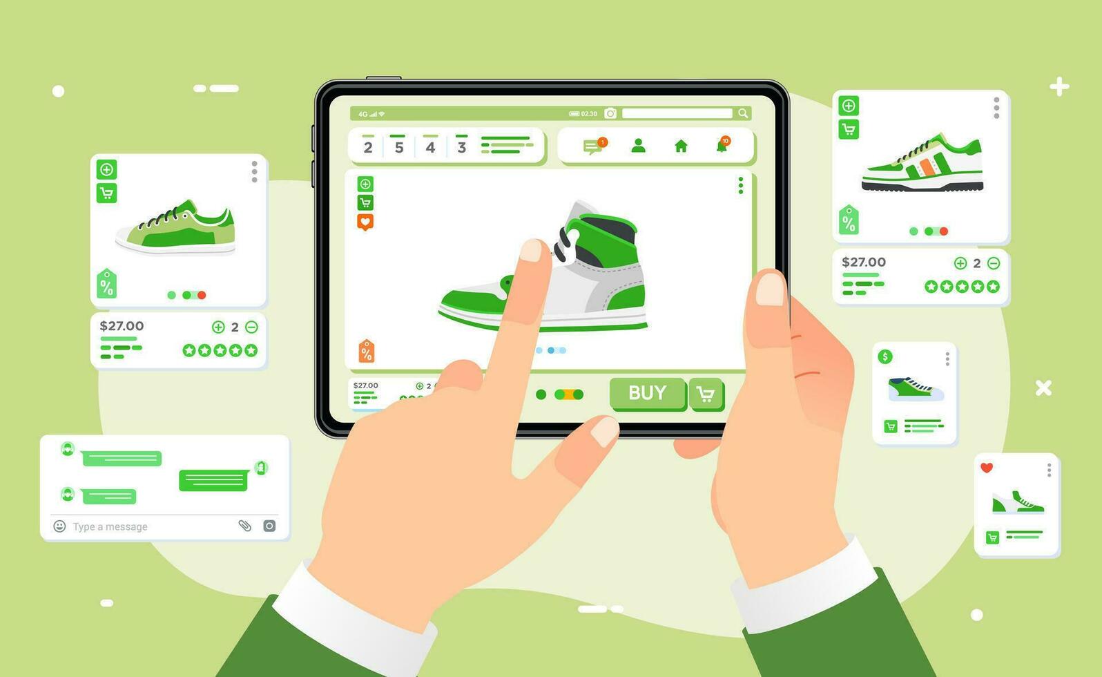 mains en portant tablette et doigt touche une écran de commander en ligne et commerce électronique achat des chaussures sur l'Internet boutique l'Internet mobile achats vecteur
