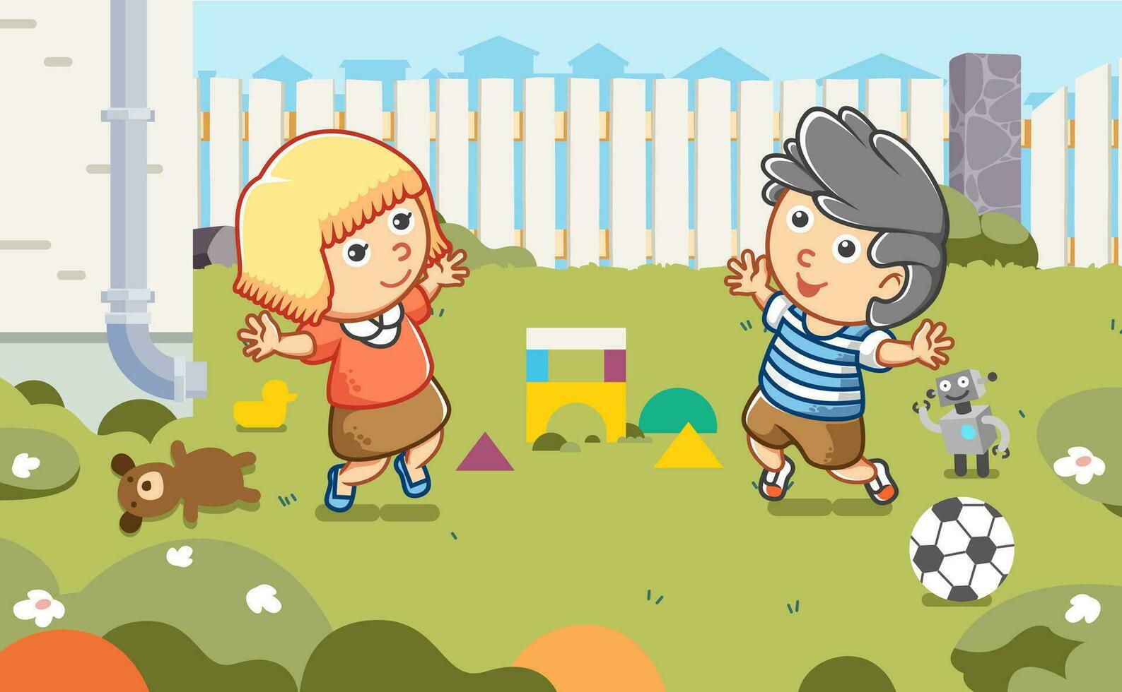 mignonne illustration de les enfants en jouant dans le arrière-cour avec football Balle et jouets vecteur