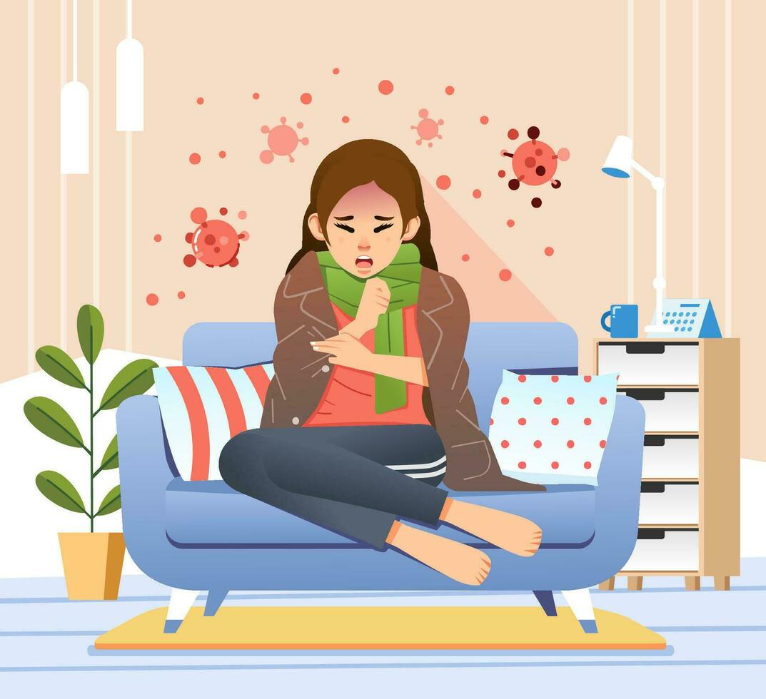 Jeune femmes séance dans canapé a couronne virus symptôme comme la toux et fièvre vecteur illustration
