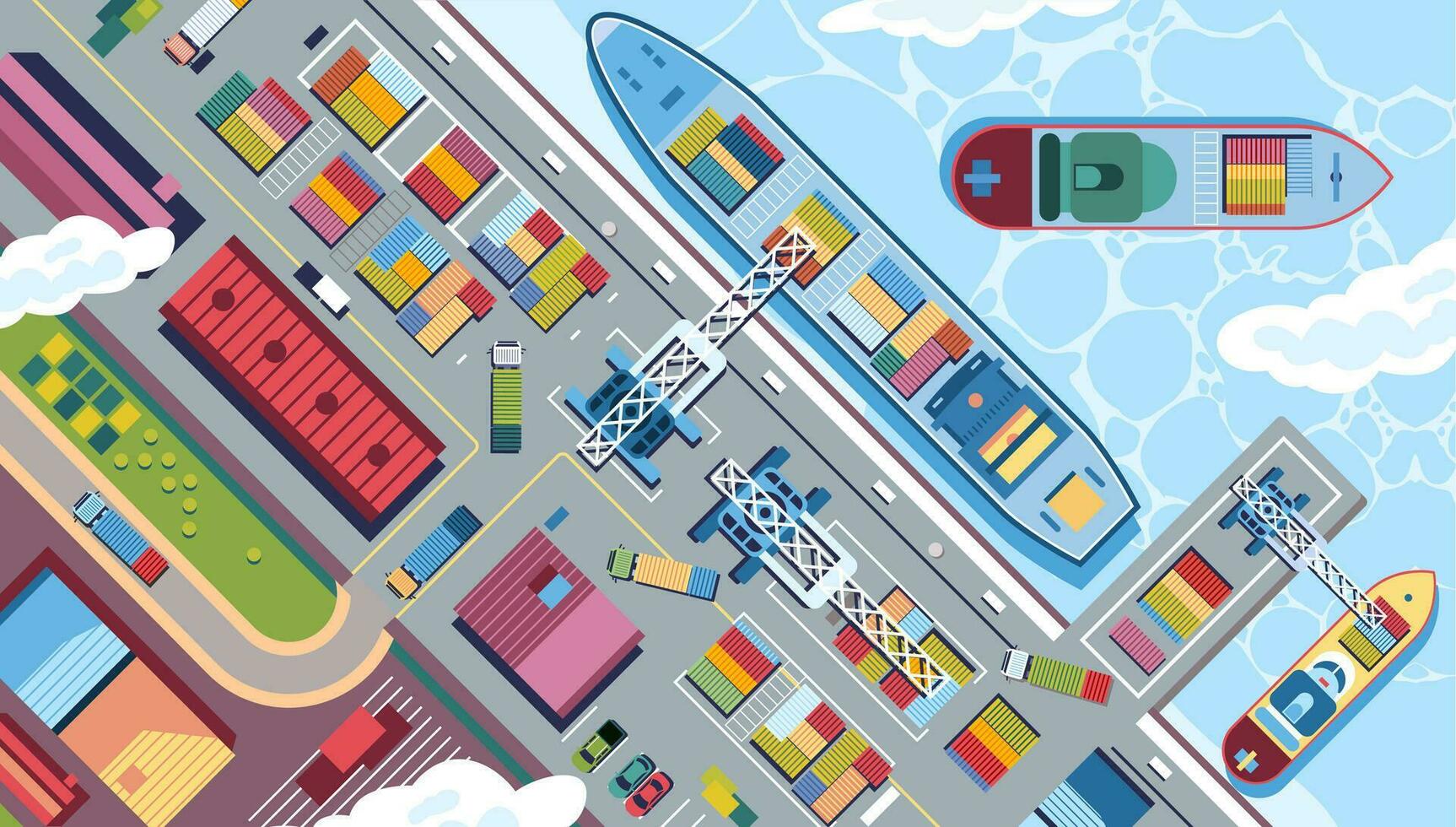 ciel vue de les ports maritimes, avec beaucoup cargaison bateau, récipient, lourd équipement et bâtiment. plat vecteur conception illustration